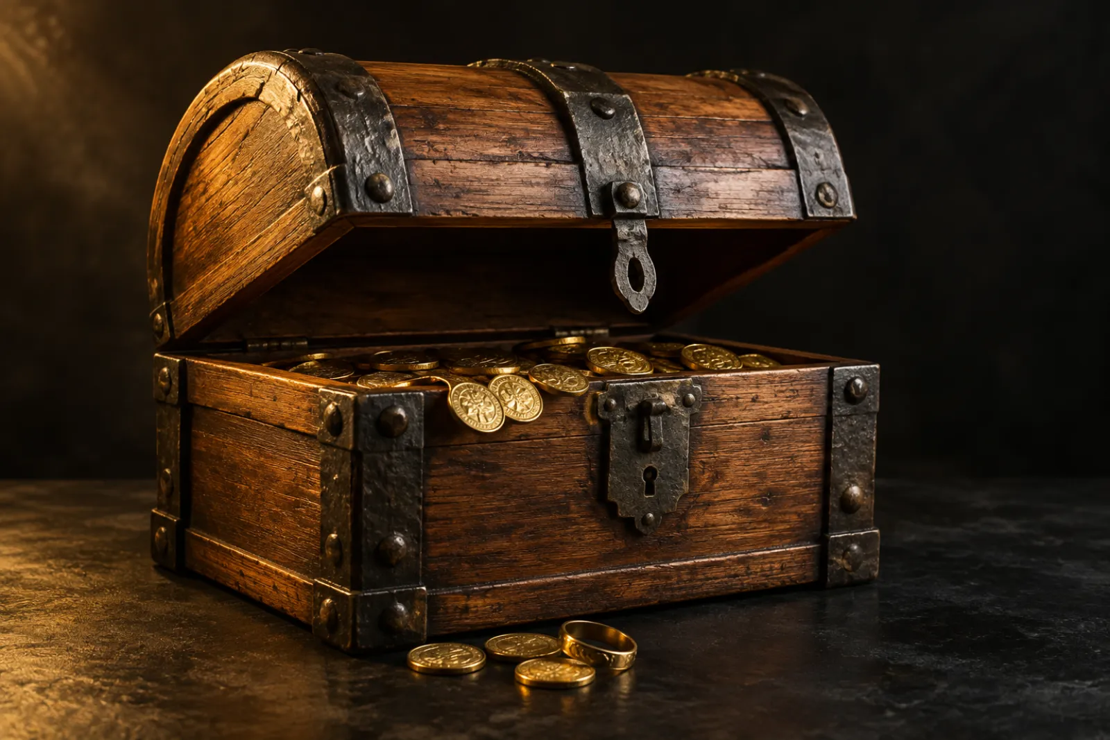Open wooden treasure chest with domed lid and iron-look straps on a wooden table