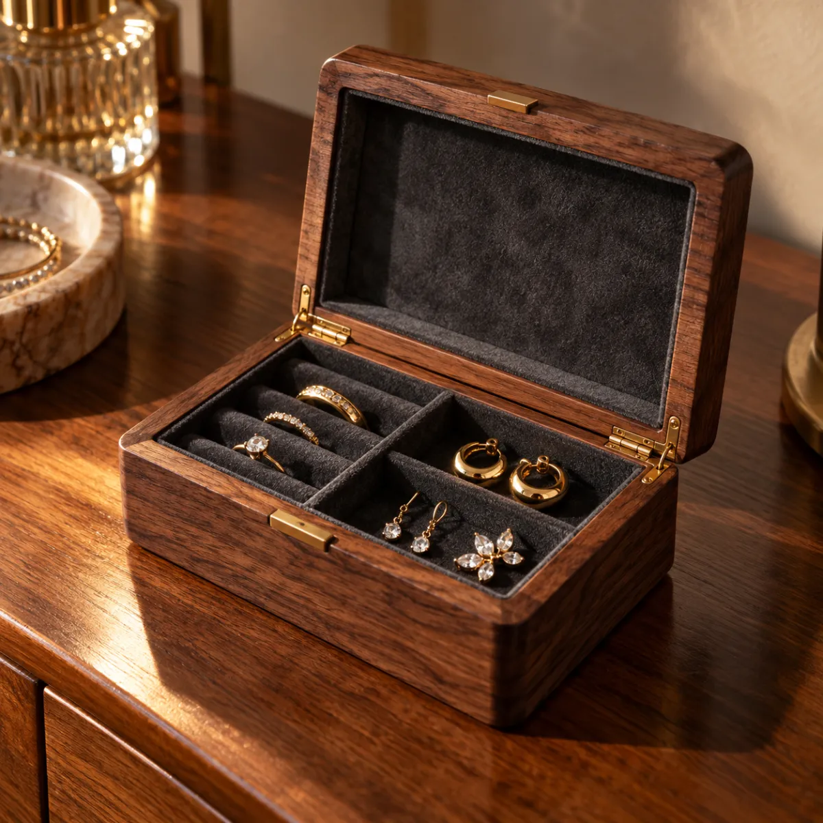 Small lined wooden keepsake box holding rings and earrings on a dresser