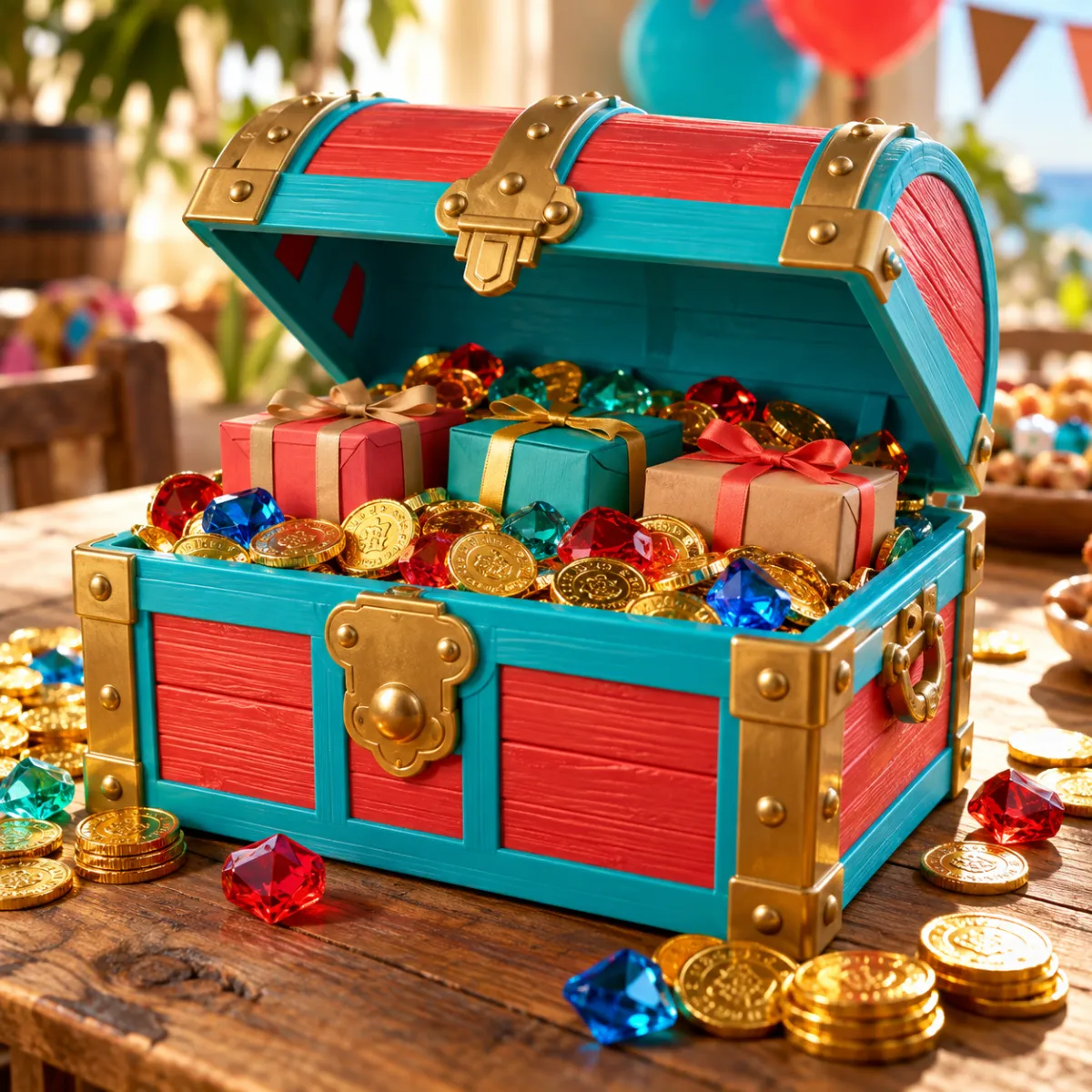 Plastic pirate treasure chest filled with toy coins and jewels on a kids' party table