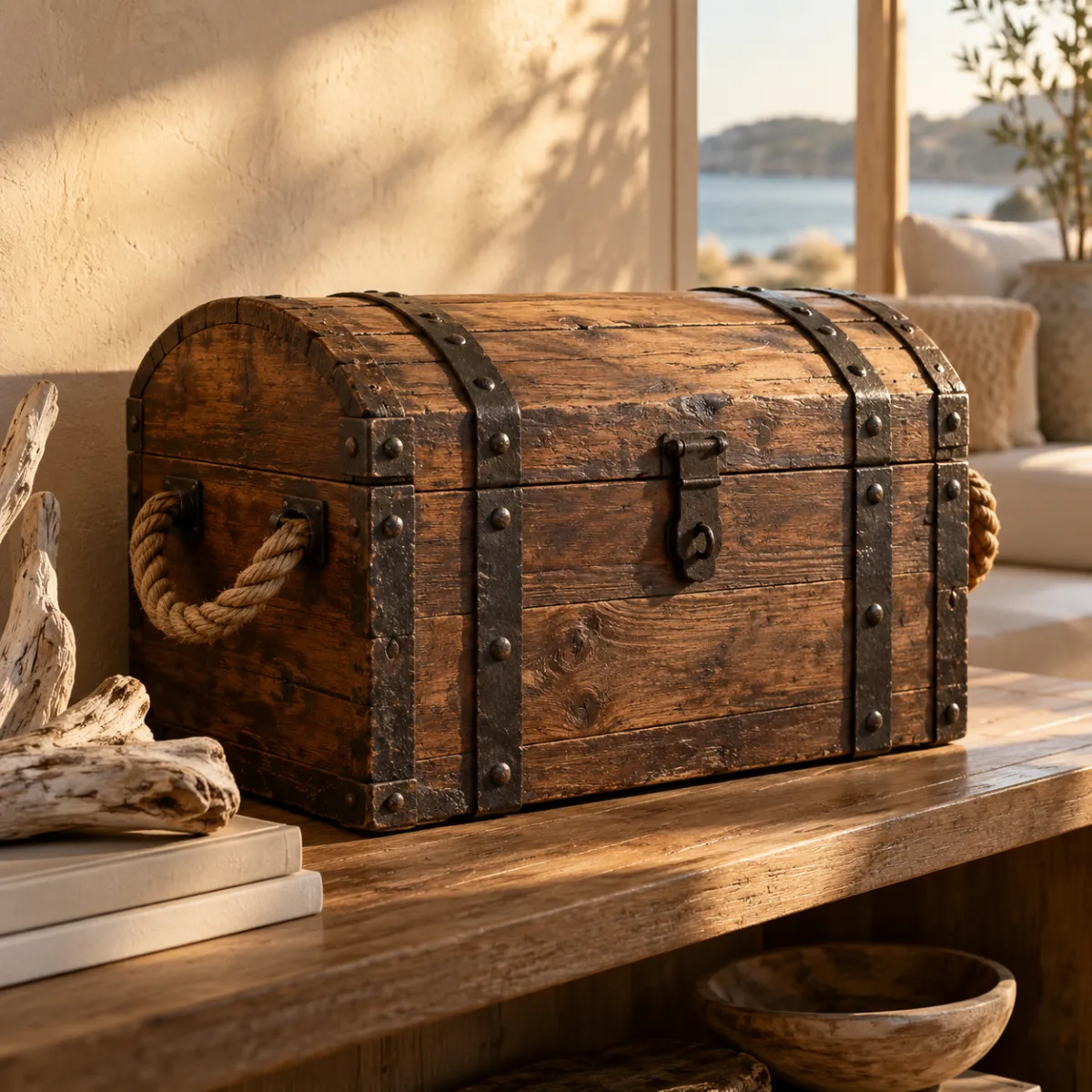 Rustic wooden treasure chest with rope handles styled on a coastal living room shelf