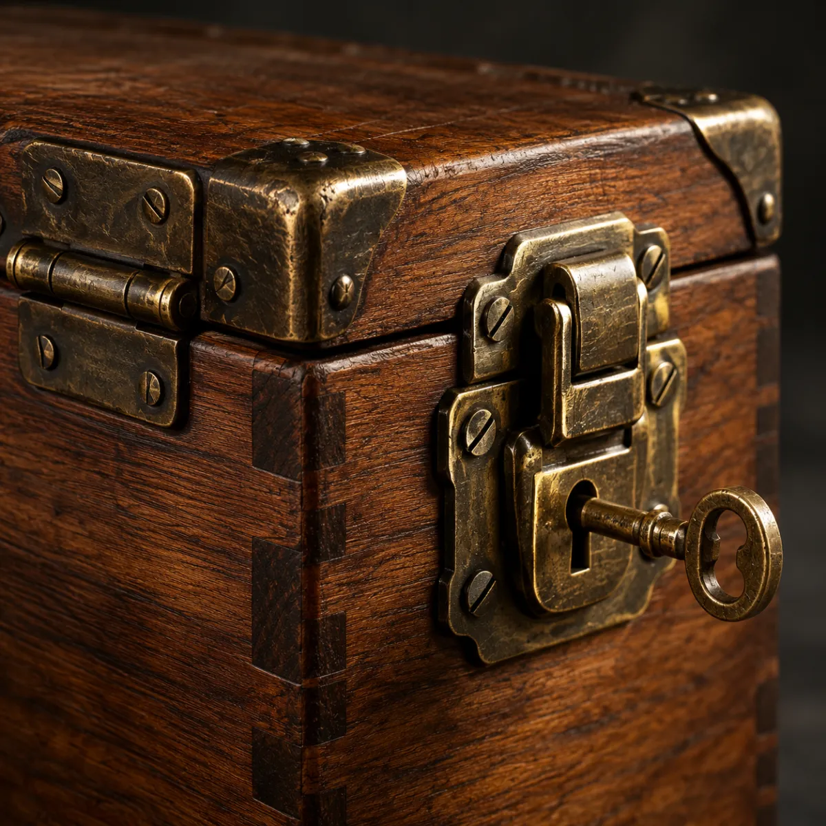 Close-up of a treasure chest hinge and latch showing build quality