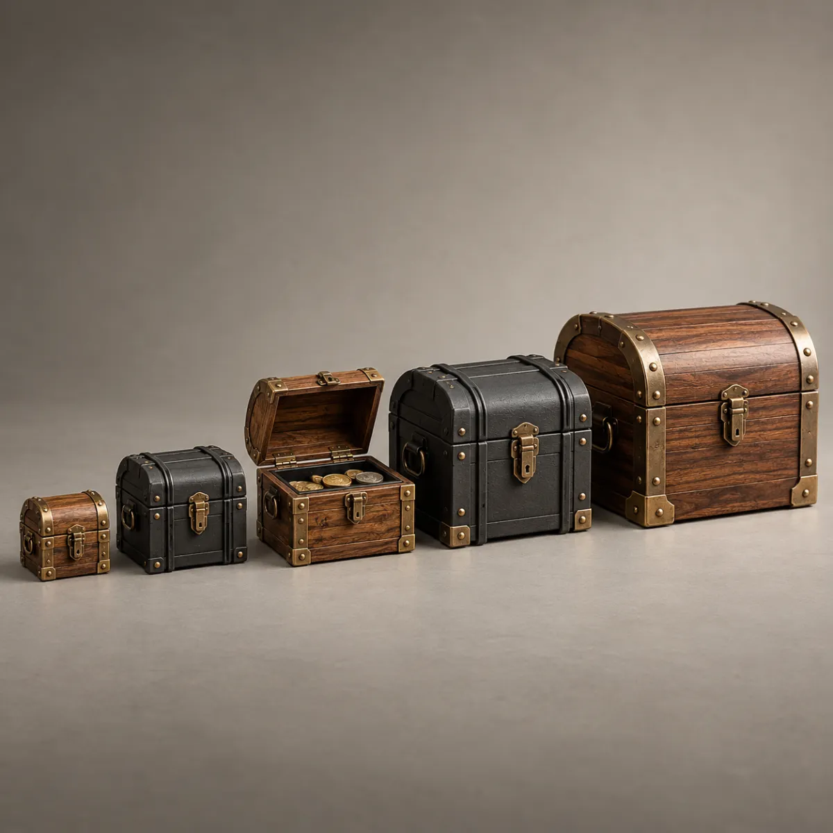 Mini, medium and extra large treasure chests in wood and plastic lined up by size