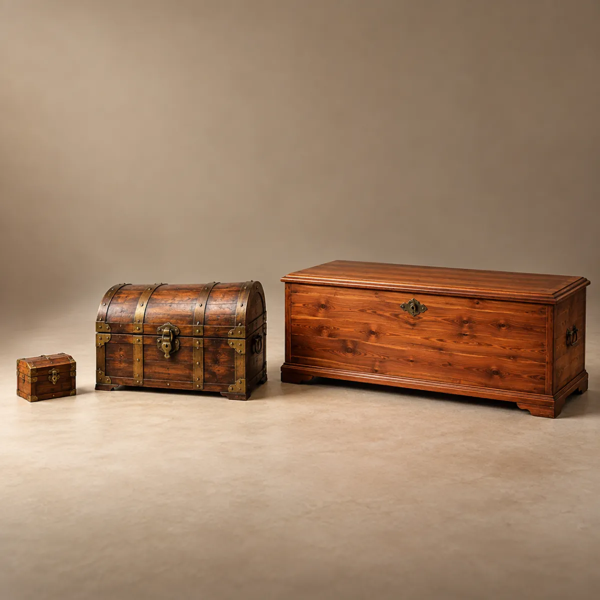 Treasure chest, small treasure box and long hope chest side by side for size comparison