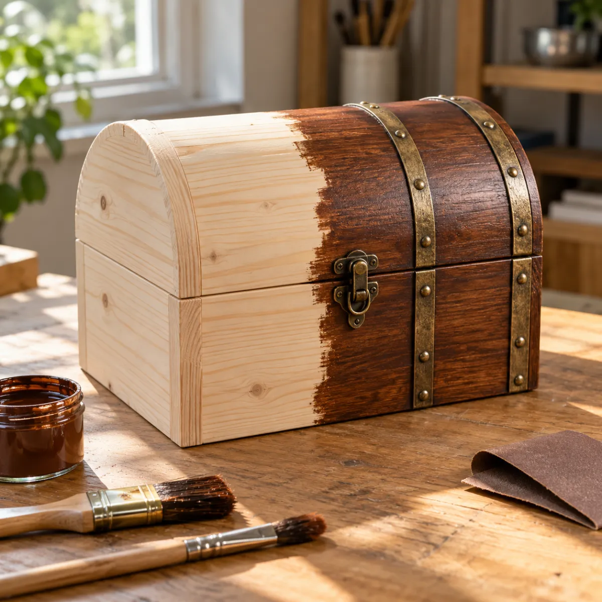 Unfinished pine treasure chest blank being painted with brushes and paint pots